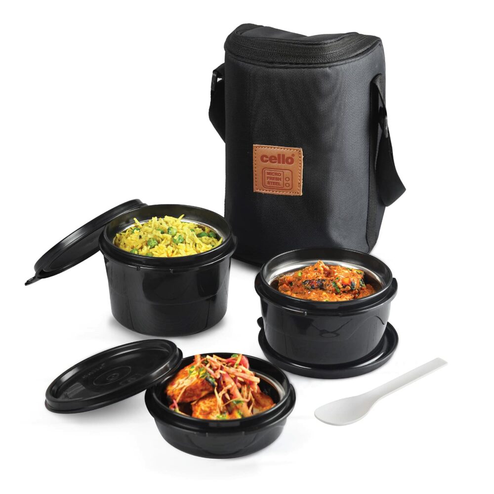 CELLO MF Click Lunch Box Set with Bag, 3 Containers, 300ml, Black | Tiffin Box Outer Plastic Inner Steel with Bag | Leakproof Lunch Boxes with Jacket | Ideal for Office, School, College - Image 2