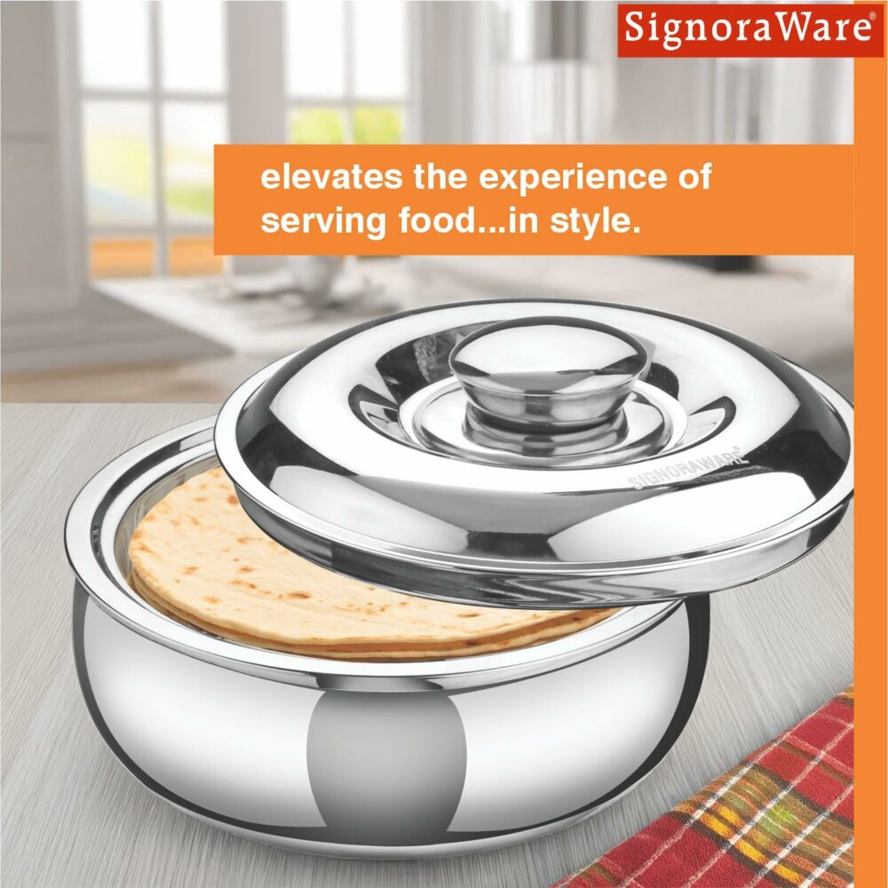 SignoraWare Stainless Steel Roti Server Casserole with Coaster | Retain Heat & Freshness | Perfect for Family Meal & Gatherings | Ideal for Serving and Storing chapattis or flatbread (1 LTR | Steel) - Image 5
