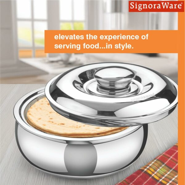 SignoraWare Stainless Steel Roti Server Casserole with Coaster | Retain Heat & Freshness | Perfect for Family Meal & Gatherings | Ideal for Serving and Storing chapattis or flatbread (1 LTR | Steel)