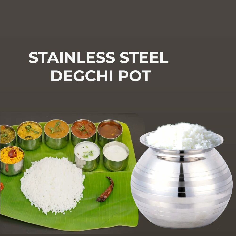 Sanskriti Exports Stainless Steel Rice Pot/Rice Strainer/Pongal Pot/Gundu/Cooker/Handi with Lid Vadi Plate and Ladle/Spoon, 3 Litres - Image 5
