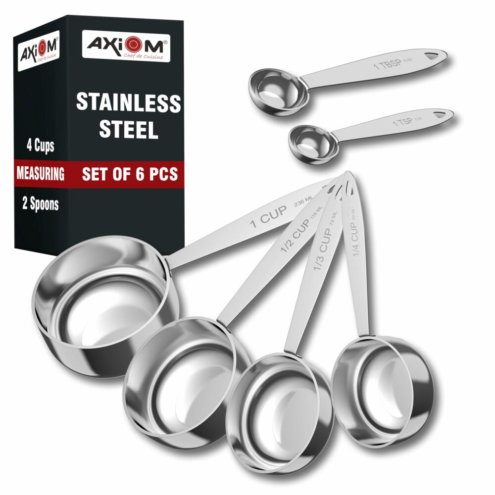 Sanskriti Exports Stainless Steel Measuring Set of 6 pcs. 4 Stackable Measuring Cups and 2 Stackable Measuring Spoons with Measurement Engraving Handle for Baking & Cooking