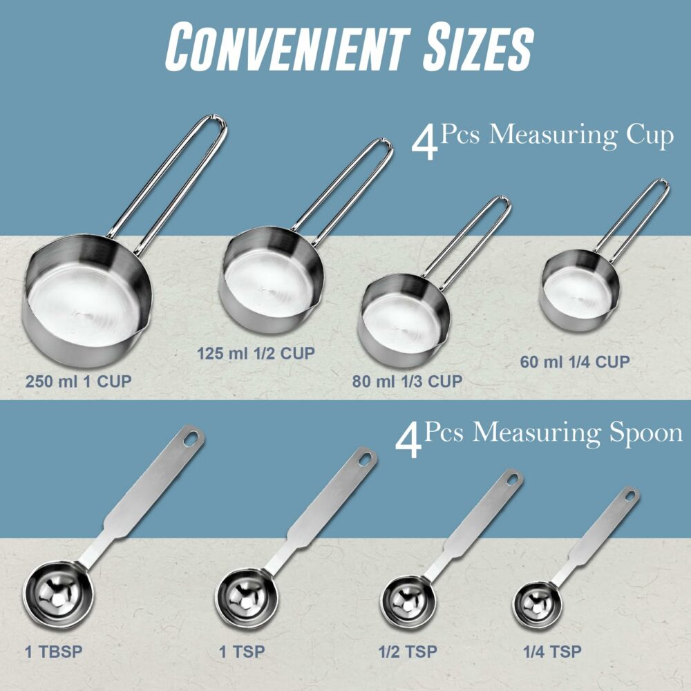 Sanskriti Exports Stainless Steel Measuring Cups & Spoon Combo for Dry or Liquid/Kitchen Gadgets/Cooking & Baking/Stackable Professional Measuring Cup Set with Measurement Handles (WH,Set of 4 Cups & 4 Spoons) - Image 2