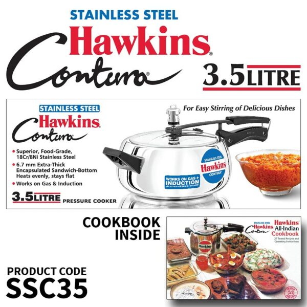 Hawkins 3 5 Litre Contura Pressure Cooker, Stainless Steel Inner Lid Cooker, Handi Cooker, Induction Cooker, Silver (SSC35)