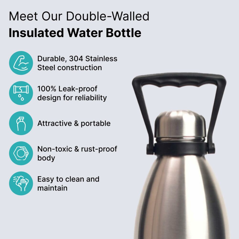 The Better Home Insulated Water Bottle 1900 ml| BPA Free Stainless Steel Double Wall Insulated Bottle | Hot and Cold Water Bottle | Thermos Flask for Adults & Kids (Pack of 1, Silver) - Image 2