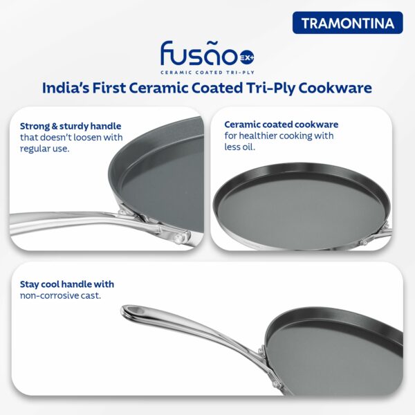 TRAMONTINA Fusao Healthy Triply Ceramic 28cm Dosa Tawa 4mm Thick | Non Toxic (PFAS/PTFE/PFOA Free)| Uttapam Tawa |Roti Tawa |Parantha | Induction Friendly |Stay Cool Handle I 10 Year - Image 4
