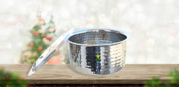 Milton Stainless Steel with Hammerd Patila, Bhagona with Lid | Tope | Patila | Tapeli | Handi | Kitchen Cooking and Serving Bowl (2 Liter)