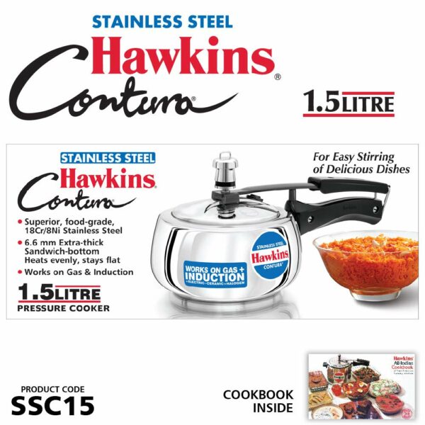 Hawkins 1.5 Litre Stainless Steel Contura Pressure Cooker, Inner Lid Induction Baby Cooker, Silver (SSC15)