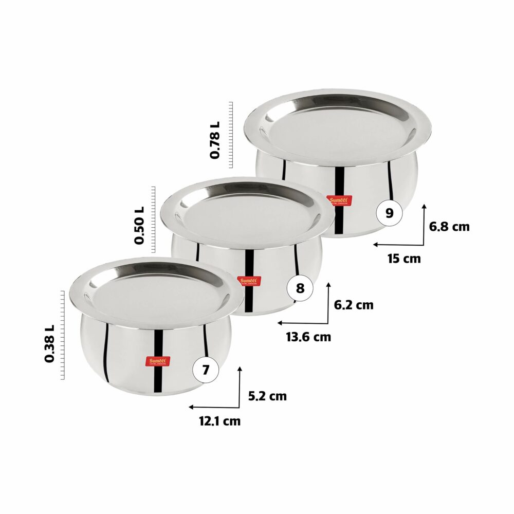 Sanskriti Exports Stainless Steel Belly Shape 3 Pc Tope/Cookware/Pot Set with Lid 380ML, 500ML, 780ML, (Silver) - Image 4