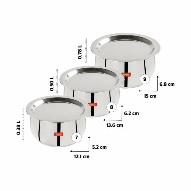 Sanskriti Exports Stainless Steel Belly Shape 3 Pc Tope/Cookware/Pot Set with Lid 380ML, 500ML, 780ML, (Silver)