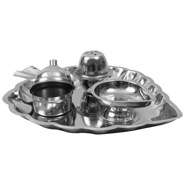 Spillbox Traditional Handcrafted Stainless Steel Thali Kumkum Plate for Pooja/Worship-Bowl-Dhoop-Diya (Silver) - Image 3
