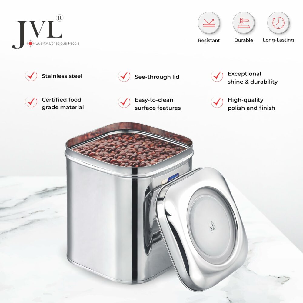 Sanskriti Exports Stainless Steel Kitchen Storage Square Tin with See-Through Lid ? Durable Food Storage Container for Spices, Snacks, Tea, and Dry Ingredients (5.0 Litres) - Image 4