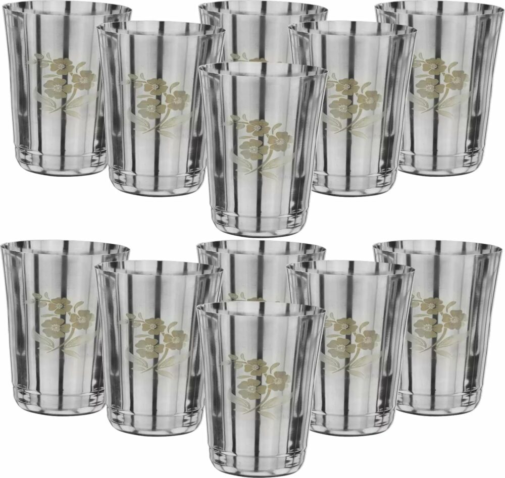 Sanskriti Exports 22 Gauge Stainless Steel Drinking Water Juice Tea Glass/Tumbler Set for Home Kitchen Dining I Ideal for Serving Beverages (350 ml, Silver) Permanent Laser Flower(Pack of 12)