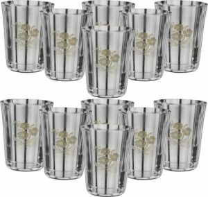Sanskriti Exports 22 Gauge Stainless Steel Drinking Water Juice Tea Glass/Tumbler Set for Home Kitchen Dining I Ideal for Serving Beverages (350 ml, Silver) Permanent Laser Flower(Pack of 12)