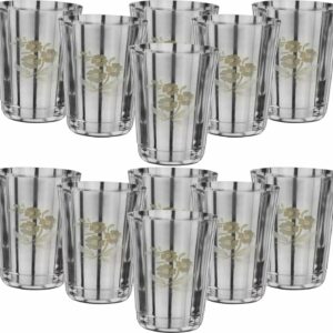 Sanskriti Exports 22 Gauge Stainless Steel Drinking Water Juice Tea Glass/Tumbler Set for Home Kitchen Dining I Ideal for Serving Beverages (350 ml, Silver) Permanent Laser Flower(Pack of 12)