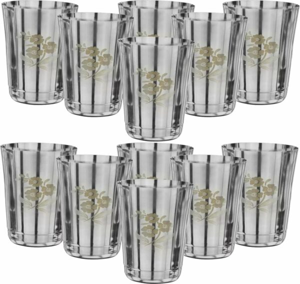 Sanskriti Exports 22 Gauge Stainless Steel Drinking Water Juice Tea Glass/Tumbler Set for Home Kitchen Dining I Ideal for Serving Beverages (350 ml, Silver) Permanent Laser Flower(Pack of 12)