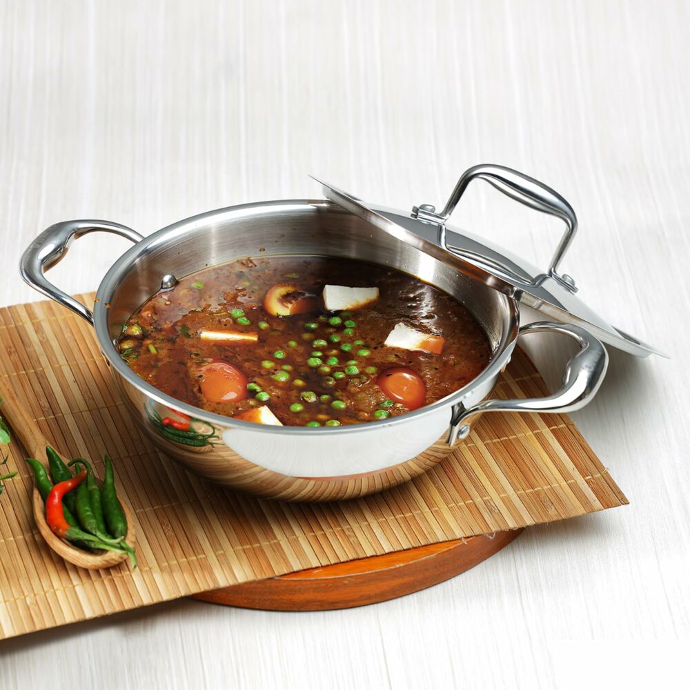 Vinod Platinum Triply Stainless Steel Kadai with Stainless Steel Lid 4 5 litres Capacity (30 cm Diameter) | 28 cm Stainless Steel Kadhai with Lid - Silver (Induction and Gas Stove Friendly) - Image 2