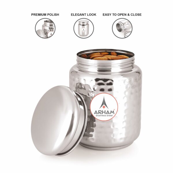 Sanskriti Exports Stainless Steel Hammered Pearl Canister with Thread Lock Lid | Food Grade Heavy Gauge Multipurpose Airtight Storage Jar | Container or Dabba for Kitchen (Pack of 1, 1500 ml) - Image 3
