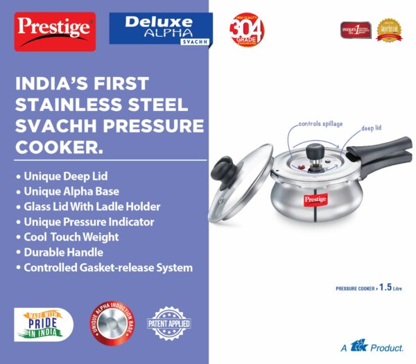 Prestige Deluxe Alpha Svachh Stainless Steel Pressure Cooker 1.5L With Glass Lid (With Deep Lid For Spillage Control)