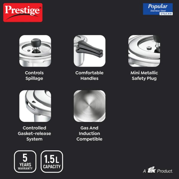Prestige Svachh Popular Spillage Control Stainless Steel Outer Lid Pressure Cooker,1 5 Liter(Silver)