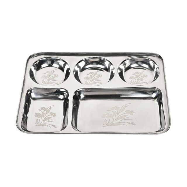 Sanskriti Exports Stainless Steel Laser Partition Plate 5 in1 | Bhojan Thali | Dinner Plate Set of 2