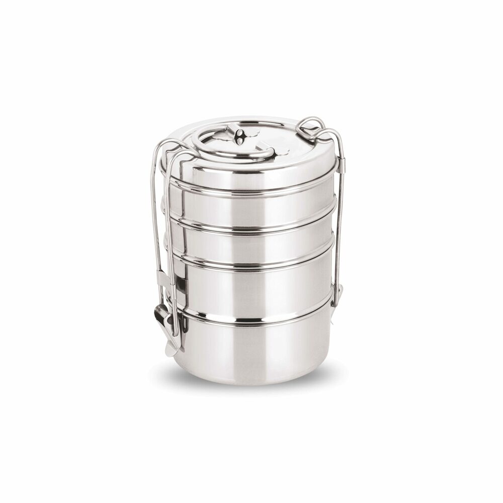 Sanskriti Exports Stainless Steel Lunch Box/Tiffin with Locking Clip, 4-Tier Container, 1500 ml, Hot & Cold Leak-Proof, Compact & Durable, Perfect for Office, School, Picnic and Travel, Silver