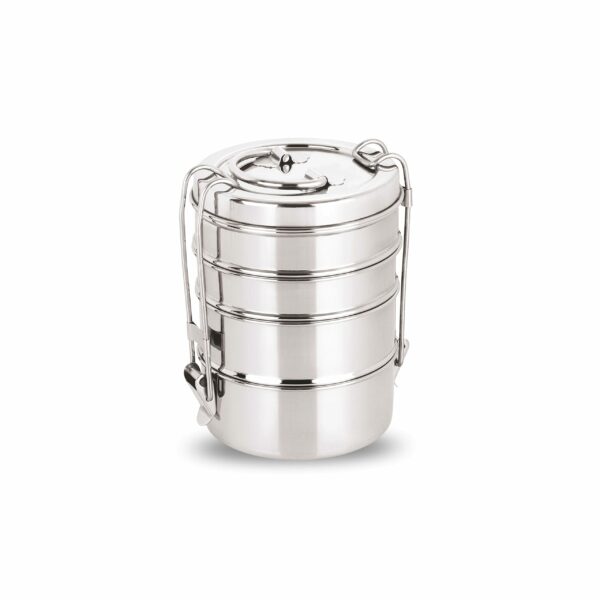 Sanskriti Exports Stainless Steel Lunch Box/Tiffin with Locking Clip, 4-Tier Container, 1500 ml, Hot & Cold Leak-Proof, Compact & Durable, Perfect for Office, School, Picnic and Travel, Silver