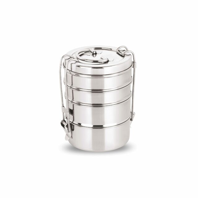 Sanskriti Exports Stainless Steel Lunch Box/Tiffin with Locking Clip, 4-Tier Container, 1500 ml, Hot & Cold Leak-Proof, Compact & Durable, Perfect for Office, School, Picnic and Travel, Silver