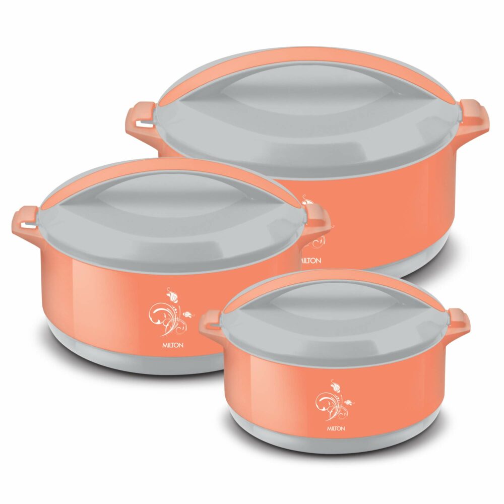 Milton Divine Jr. Inner Stainless Steel Serving Casserole Gift Set of 3 (430 ml, 830 ml, 1400 ml), PU Insulated Kitchen Hot Pot, Keeps Food hot & Fresh for Roti, Biryani, Orange
