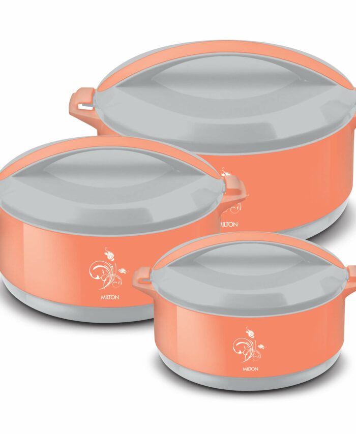 Milton Divine Jr. Inner Stainless Steel Serving Casserole Gift Set of 3 (430 ml, 830 ml, 1400 ml), PU Insulated Kitchen Hot Pot, Keeps Food hot & Fresh for Roti, Biryani, Orange