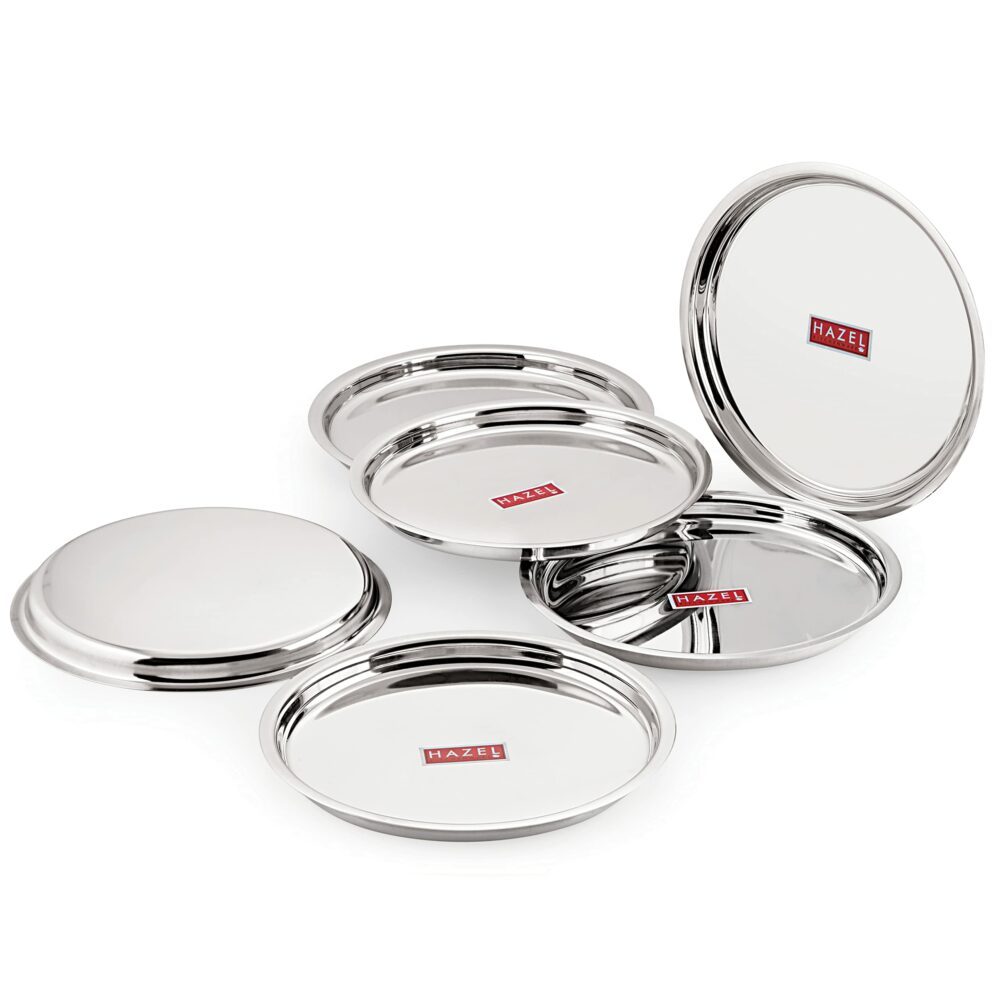 Sanskriti Exports Stainless Steel Plates Set | 25 cm Mirror Finish Thali Set Stainless Steel | Steel Plates Set for Dinner & Lunch, Set of 6 - Image 2