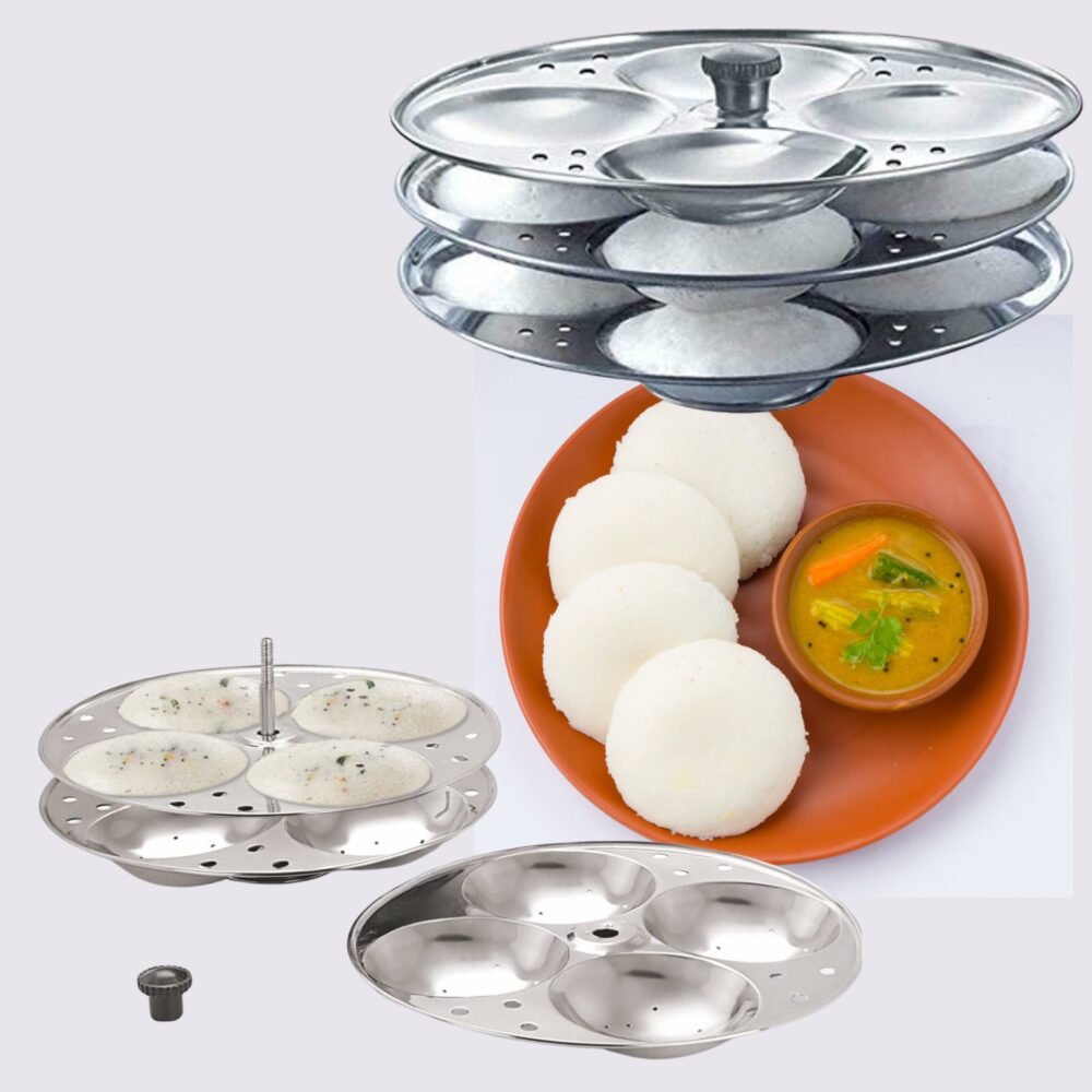 Premium Stainless Steel 3 plates 12 cavity Idli Stand Homemade Idli Maker Makes 12 standard size Idlis at once Idly stand with holes to be inserted in pressure cooker 3 Rack Idlis Stand - Image 4