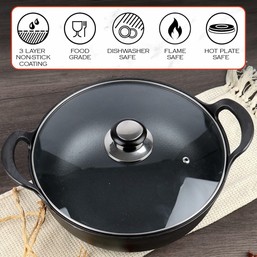 Sanskriti Exports Cast Iron Kadai with Lid/Pre Seasoned Iron Kadai with 2 Handles and Flat Base/Iron Kadhai for Cooking/Uncoated Wok for Electric Induction (with Glass Lid 27cm) - Image 6