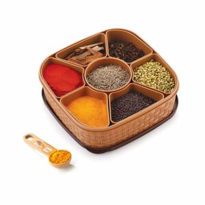 Sanskriti Exports Plastic Masala Box 1 Pc ? Multicolor Spice Storage Container, Rangoli Organizer Dabba, Stylish Airtight Kitchen Box for Indian Spices, Compact Multi-Compartment & Durable Traditional Storage