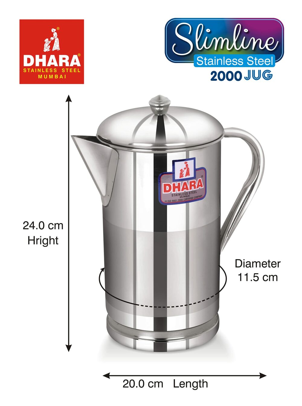 Sanskriti Exports Stainless Steel Slimline Water Pitcher with Lid 2 Liters | Food Grade| Rust Proof | Streamlined Handle| Easy to Carry and Pouring | Strong and Sturdy | Steel Serving Water Jug for Dinning Table - Image 4