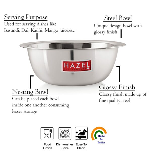 Sanskriti Exports Stainless Steel Serving Bowl Set | 1100 ml, 1500 ml & 2100 ml Snacks Serving and Mixing Bowl Set | Kitchen Accessories Items, Set of 3