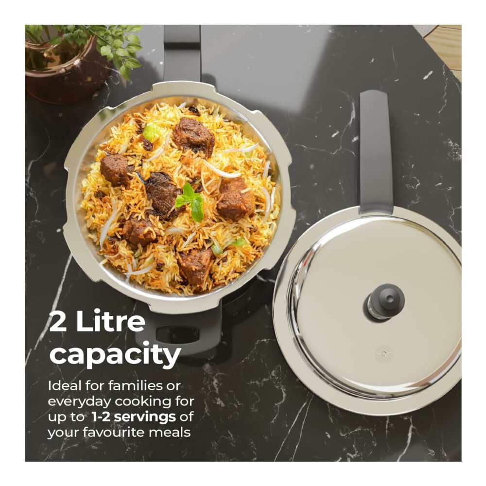 Lifelong Stainless Steel Pressure Cooker 2L | Induction & Gas Stove Compatible with Outer Lid, ISI Certified & Lock System |Safe & Durable Kitchen Essential with 5 Years Warranty (Silver)