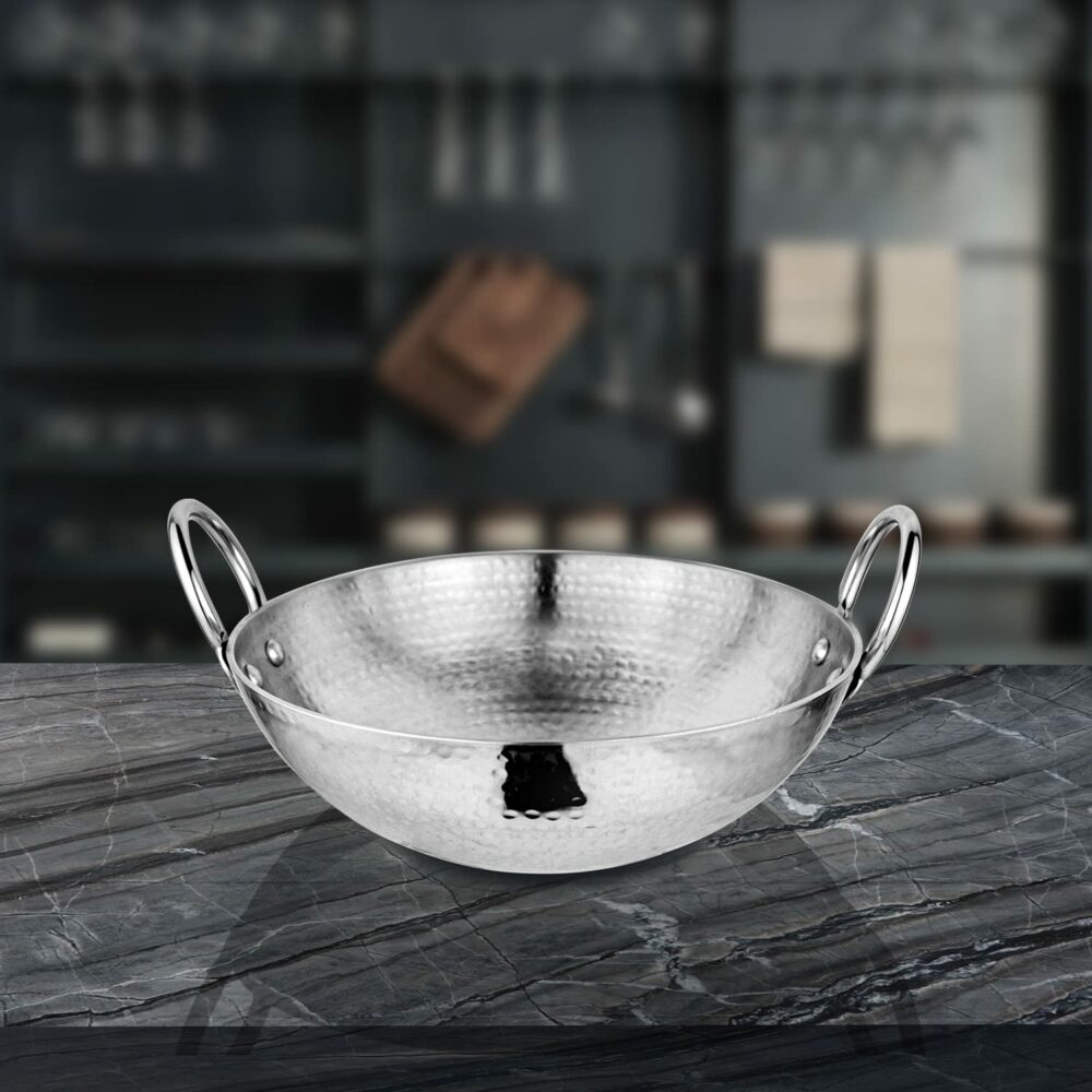Sanskriti Exports Stainless Steel Heavy Weight Hammered Kadhai, 24 cm, 1.3 Kg, 2.1 Litre - Image 6