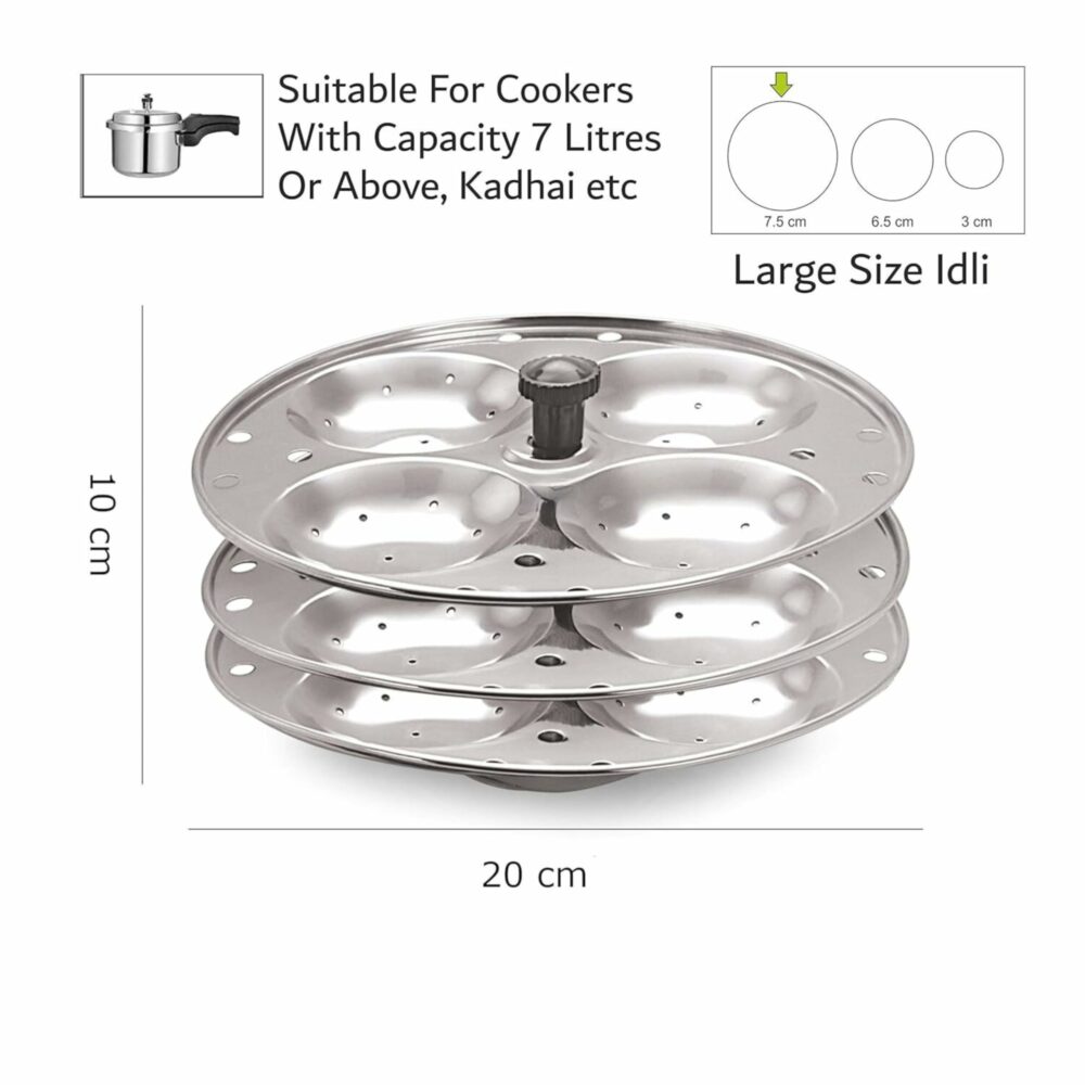 Premium Stainless Steel 3 plates 12 cavity Idli Stand Homemade Idli Maker Makes 12 standard size Idlis at once Idly stand with holes to be inserted in pressure cooker 3 Rack Idlis Stand - Image 5