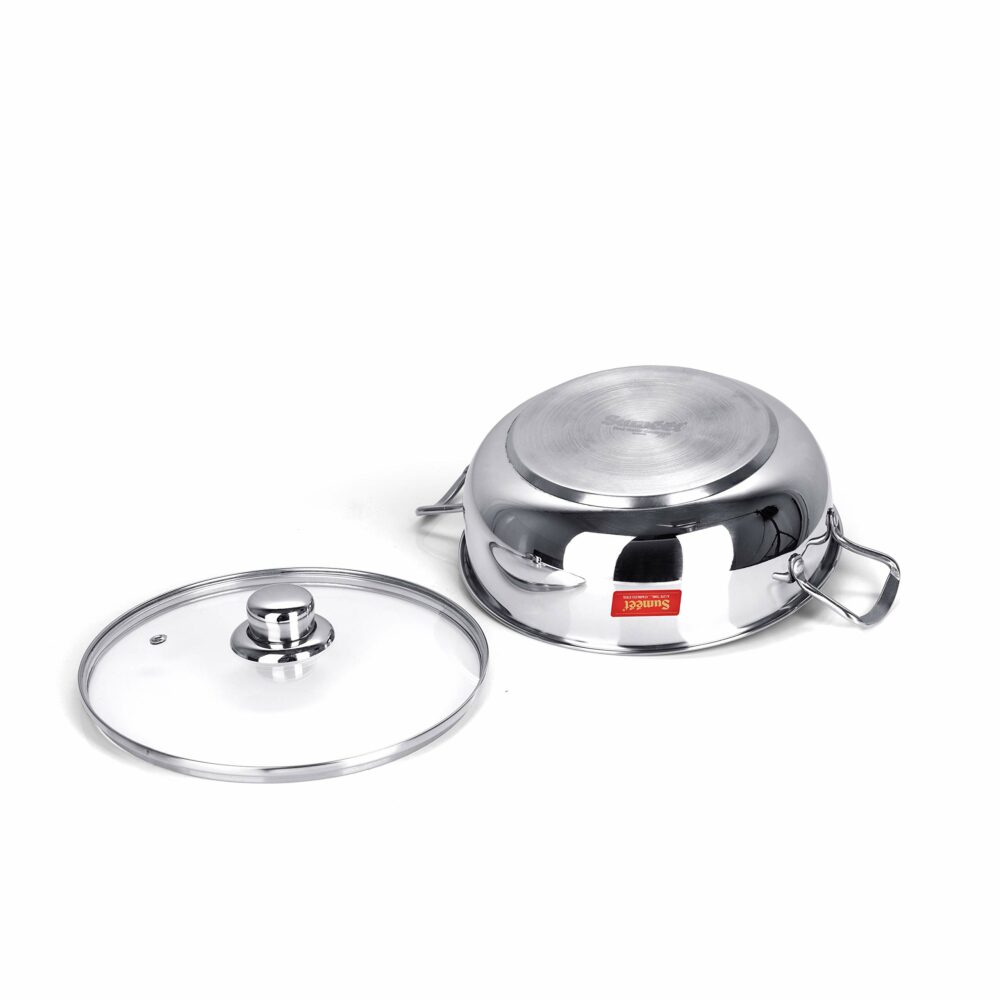 Sanskriti Exports stainless steel kadhai with glass lid 1 5 litres capacity 20 5 x 20 5 x 6 6 Centimeters 2 piece (Induction and Gas Stove Friendly) - Image 2
