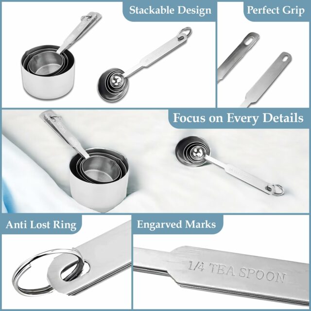 Sanskriti Exports Stainless Steel Measuring Cups & Spoon Combo for Dry or Liquid/Kitchen Gadgets/Cooking & Baking/Stackable Professional Measuring Cup Set with Measurement Handles (Set of 4 Cups & 4 Spoons)