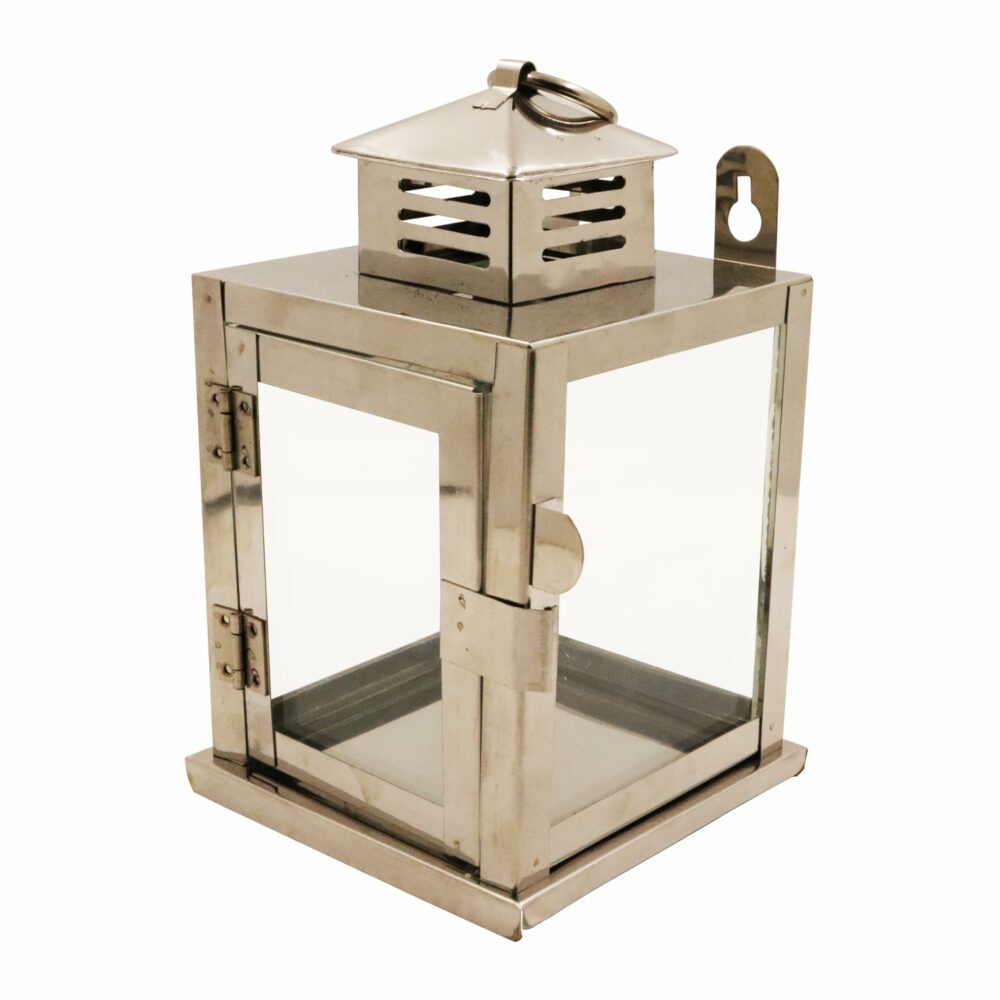 Spillbox Stainless Steel Wall Mounted Oil Lamp with Glass Cover | Deepam Glass Cover| Diya Protector from Wind- Hanging Diya Lantern (Small) Silver