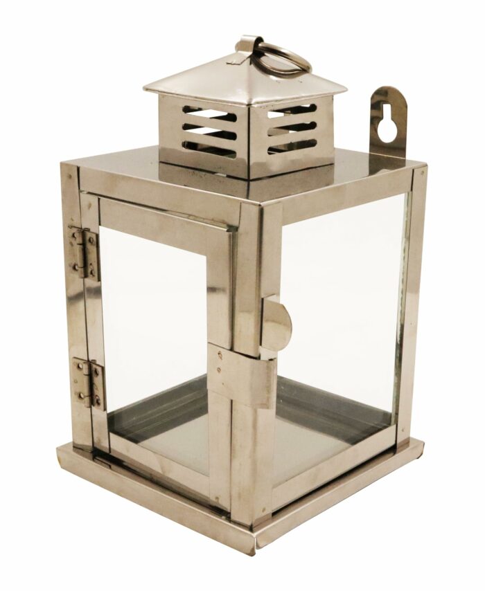 Spillbox Stainless Steel Wall Mounted Oil Lamp with Glass Cover | Deepam Glass Cover| Diya Protector from Wind- Hanging Diya Lantern (Small) Silver
