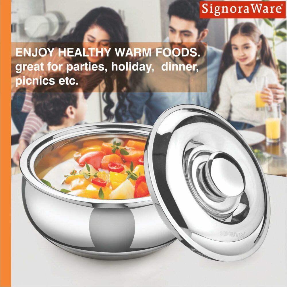 SignoraWare Stainless Steel Roti Server Casserole with Coaster | Retain Heat & Freshness | Perfect for Family Meal & Gatherings | Ideal for Serving and Storing chapattis or flatbread (1 LTR | Steel) - Image 6