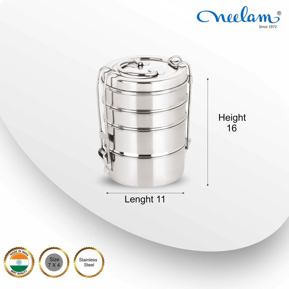 Sanskriti Exports Stainless Steel Lunch Box/Tiffin with Locking Clip, 4-Tier Container, 1500 ml, Hot & Cold Leak-Proof, Compact & Durable, Perfect for Office, School, Picnic and Travel, Silver - Image 2