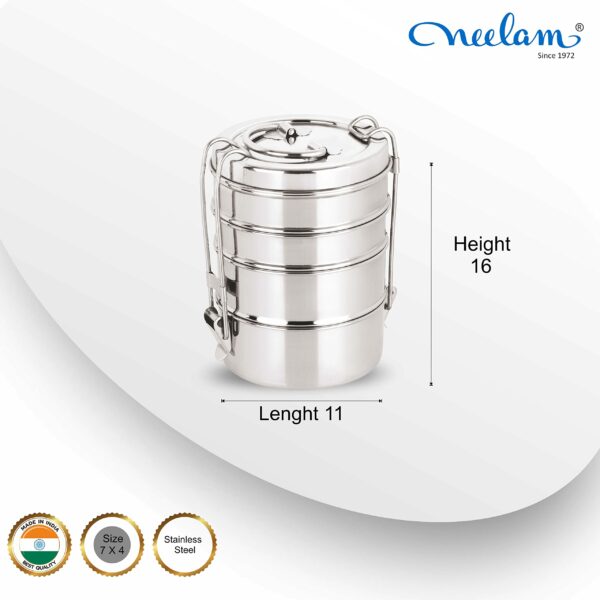 Sanskriti Exports Stainless Steel Lunch Box/Tiffin with Locking Clip, 4-Tier Container, 1500 ml, Hot & Cold Leak-Proof, Compact & Durable, Perfect for Office, School, Picnic and Travel, Silver