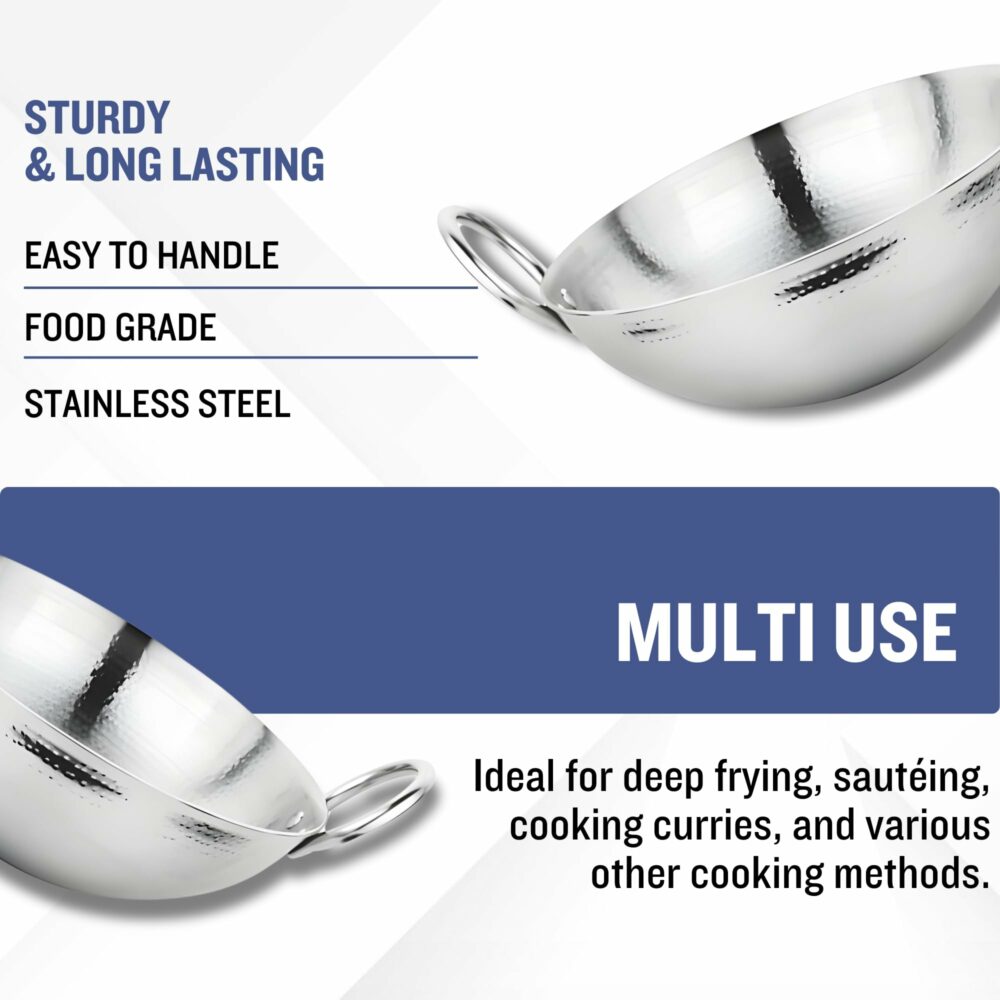 Sanskriti Exports kadhai Steel Stainless 0 5 Litre | Round Bottom Kadai for Cooking | Gauge Hammered Kadai for Frying | Kadhai for Deep Frying |kadhai with Handle |Compatible Gas Stove - Image 6