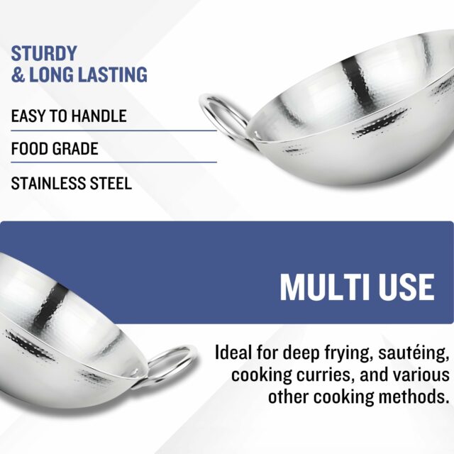 Sanskriti Exports kadhai Steel Stainless 0 5 Litre | Round Bottom Kadai for Cooking | Gauge Hammered Kadai for Frying | Kadhai for Deep Frying |kadhai with Handle |Compatible Gas Stove