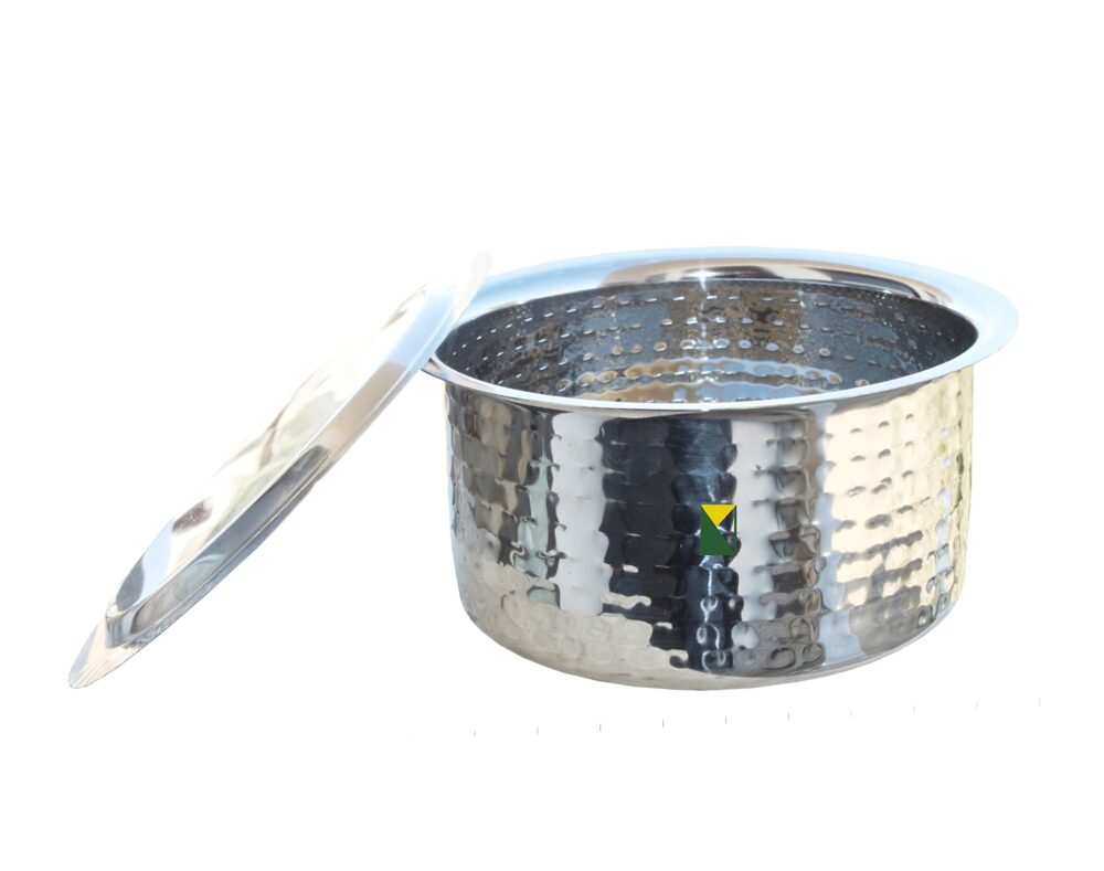 Milton Stainless Steel with Hammerd Patila, Bhagona with Lid | Tope | Patila | Tapeli | Handi | Kitchen Cooking and Serving Bowl (2 Liter) - Image 2