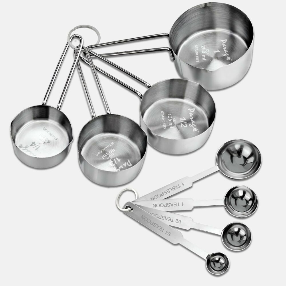 Sanskriti Exports Stainless Steel Measuring Cups & Spoon Combo for Dry or Liquid/Kitchen Gadgets/Cooking & Baking/Stackable Professional Measuring Cup Set with Measurement Handles (WH,Set of 4 Cups & 4 Spoons)