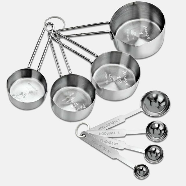 Sanskriti Exports Stainless Steel Measuring Cups & Spoon Combo for Dry or Liquid/Kitchen Gadgets/Cooking & Baking/Stackable Professional Measuring Cup Set with Measurement Handles (WH,Set of 4 Cups & 4 Spoons)